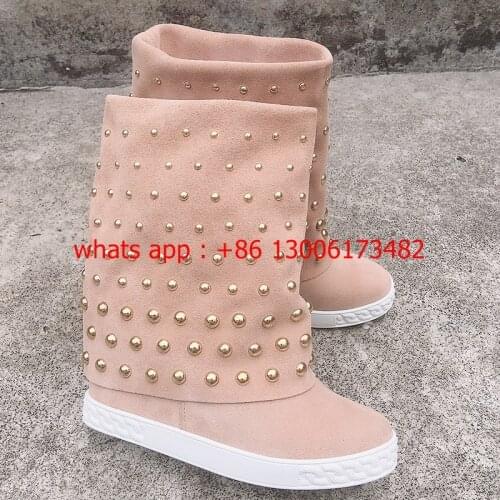 Design brand pearls beading inner heel woman boots women wedge inside heel suede pearls beading inner wedge boots