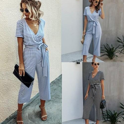 Summer New Casual Jumpsuits Women Short Sleeve Striped V-Neck Jumpsuits Striped Jumpsuits Streetwear Slim Straight Leg Jumpsuit