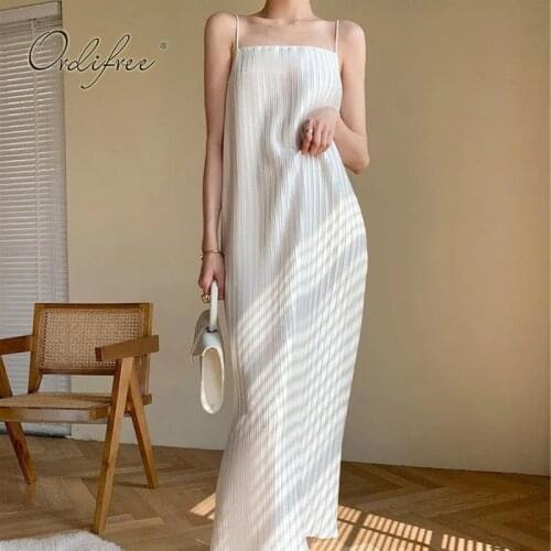 Ordifree 2021 Summer Women Long Slip Dress Spaghetti Strap Vintage Sexy Backless Black White Gold Pleated Party Dress