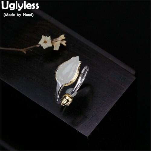Uglyless 100% Real 925 Sterling Silver Handmade Tulip Finger Rings for Women Natural Jade Flower Open Ring Exotic Fine Jewelry