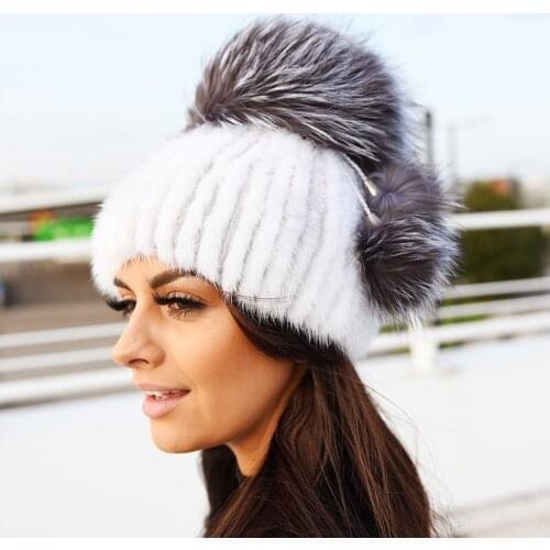 Free Shipping CX-C-56F Winter Silver Fox Fur Pom Pom Real Mink Womens Fur Hats