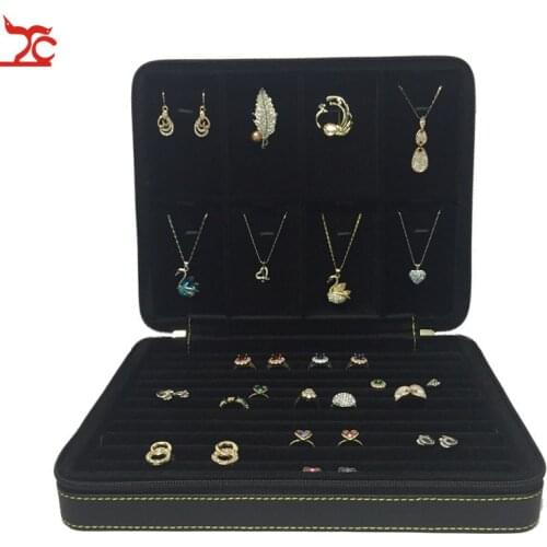 Large Brown Ring Slot Bar Jewelry Display Case Zipper Leather Stud Cufflink Exhibition Organzier Storage Travel Tray Box