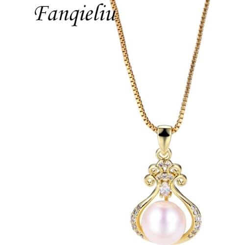 Fanqieliu 18K Gold Plated Crystals Pendants Real Freshwater Pearl Jewelry 925 Sterling Silver Necklace For Women FQL21152