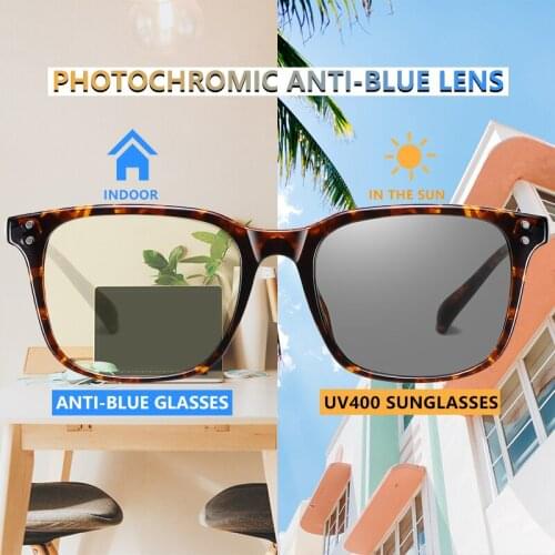 Photochromic UV400 Blue Light Glasses Women Men Ultralight TR90 Eyeglasses Frame Sunglasses Transparent Photochromic Gray Lens