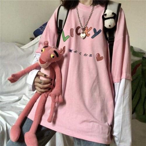 Patchwork Contrast Long Sleeve Graphic Japanese Letter Love Cute Print Kawaii Loose T Shirt T-Shirt Women Korean Student Pink