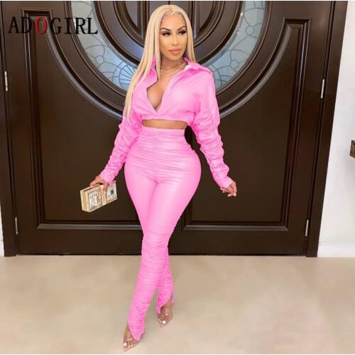 Adogirl Women Outfits Crop Top + Stacked Leggings Sets Pu Leather 2 Piece Fashion Tracksuit Matching Set Female Streetwear
