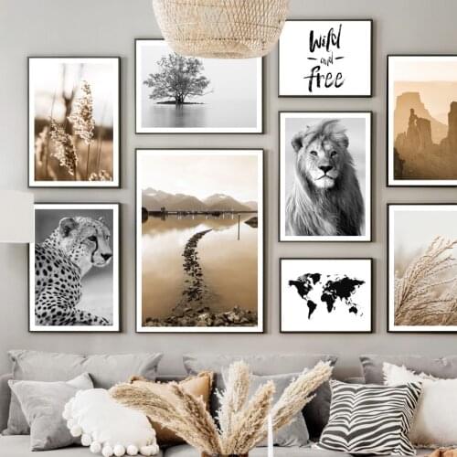 Lion Leopard Reed Grass Lake Tree World Map Desert Wall Art Print Canvas Painting Nordic Poster Decor Pictures For Living Room