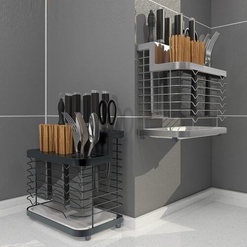 Black 304 Stainless Steel Kitchen Shelf Wall-Mounted Storage Rack Knives And Chopsticks Integrated Storage Rack