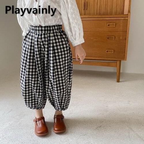 2021 New Boys Girls Pants Leisure Plaid wide-leg pants for Children Cotton Ninth pants Kids Clothes E100107