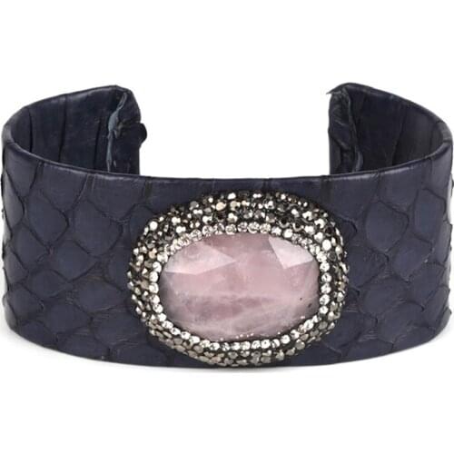 Oval rose pink pale pink crystal stone bead charm pave rhinestone deep blue snake leather wide wrap open bangle cuff for women