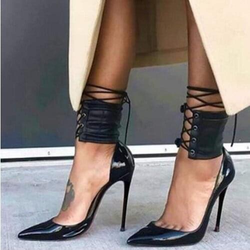 Sexy Black Patent Leather Two-piece Pumps Women Shoes Pointed Toe Ankle Lace-up Stiletto Heels Night Club Dress Shoes Plus Size