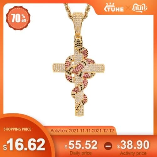 Hip Hop Pendant Snake Winding Cross Pendant Necklace Iced Out Cubic Zirconia Pendant Halloween Mens Hip Hop Jewelry Gift