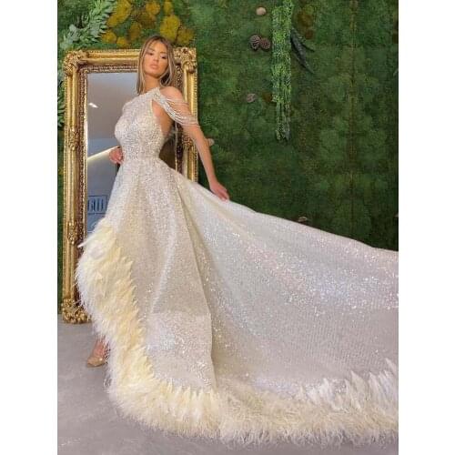 Luxury Prom Dresses O Neck Beaded Heavily Sleeveless Backless Bling Bling Short Front Long Back Feather Vestidos De Formature