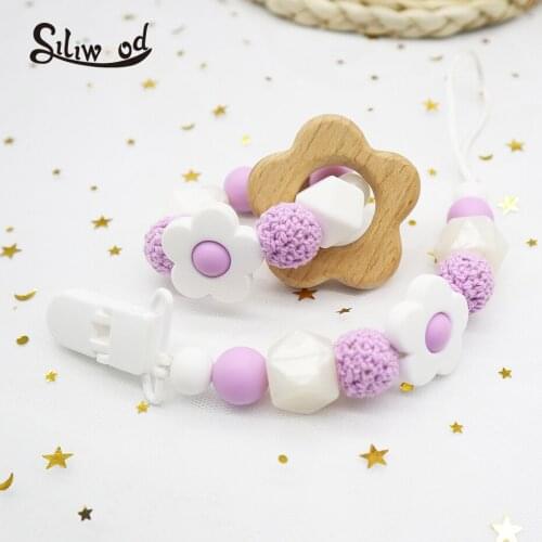 Silicone Baby Pacifier Clip Flowers Pacifier Chain Holder Wooden Baby Rattles Teething Soother Infant Toy Dummy Clips BPA Free