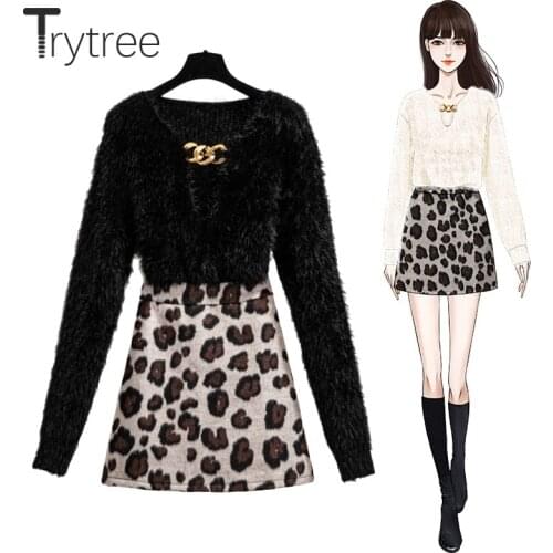 Trytree 2020 Autumn Winter Two Piece Women Set Mohair Hollow Out Elastic Sweater + Leopard Tweed Shorts Skirt Sexy 2 Piece Suit