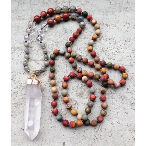 YA2380 Handmade Knot Necklace Clear Quartz Point Pendant Picasso Stone Labradorite Knot Beads Necklaces 30-32inch long