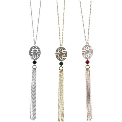 High profile fashion personality hollow out disc long fringe pendant sweater Necklace Womens retro geometric crystal necklace