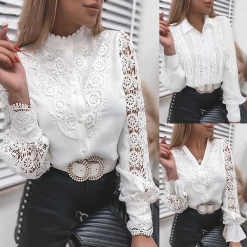 Spring Fashion White Vintage T Shirts Women Sexy Lace Patchwork Hollow Out T-Shirt Long Sleeve Crew Neck Button Mesh Design Tops