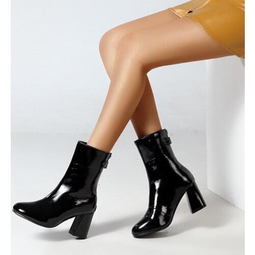 Women PU Leather Boots Winter Pointed Toe Thick High Heel Boots Zip Solid Boots Fashion Motorcycle Boots Black size 41 42