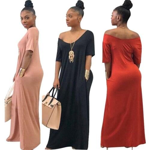 2021 Summer Short-sleeved Long Dress Womens Elegant Retro Dress Loose Shoulder Short-sleeved Pocket V-neck Casual Long Dress