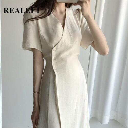 REALEFT 2021 New Summer Front Cross V-Neck Womens Midi Dresses Short Sleeve Lace Up Solid Korean Single Breasted A-Line Dress