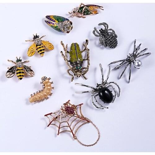 Beetle Bee Spider Caterpillar Grasshopper Alloy Pearl Rhinestone Painting Oil Insect Animal Brooch Insect Lovers Jewelry Gift