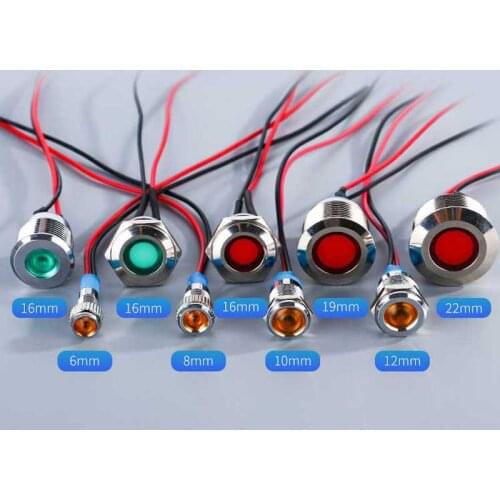 16mm 19mm 22mm LED Metal Indicator light waterproof Signal lamp 3v 6V 12V 24V 220v with wire red yellow blue green white orange