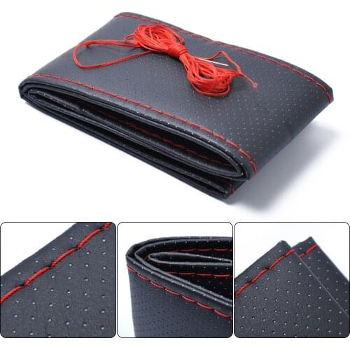 38CM Manual Sewing Full Coverage Pores Steering Wheel Cover Black Red Car Interior Accessories