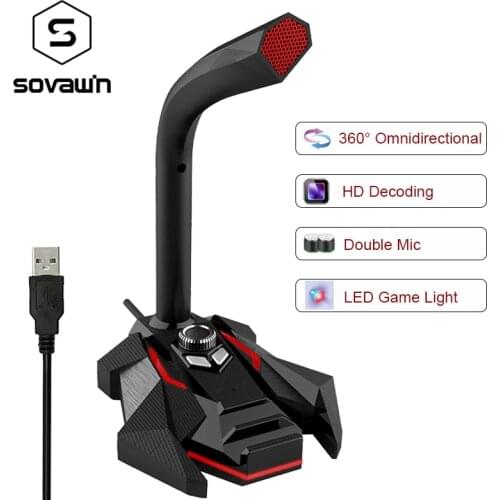 Dynamic Wired Microphone USB Studio Gaming 360 Omnidirectionnel PC Microphone for Computer Desktop Professional Dual Mic LED