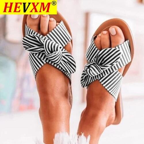 HEVXM Women Summer Slip On Butterfly Knot Flat Slippers Ladies Canvas Striped Indoor Slipper Woman Casual Light Female Shoes