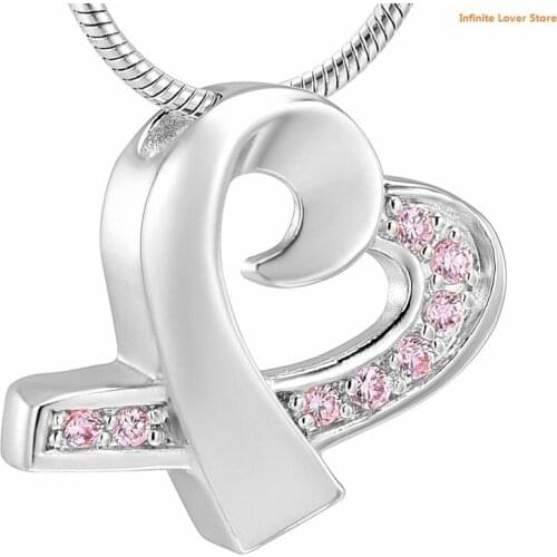 IJD8387 Pink&Blue Crystal Inlay Cremation Necklace Ribbon for Human Ash,Stainless Steel Heart Ribbon Cremation Jewelry Pendant