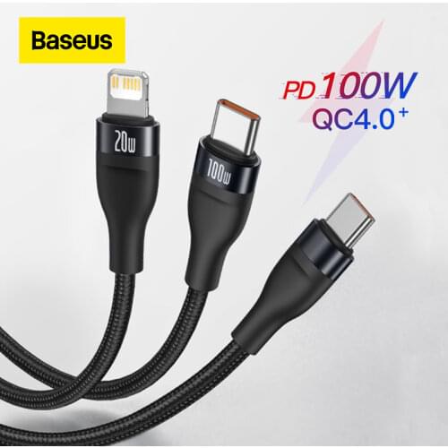 Baseus 2 in 1 USB C Cable for MacBook Pro Cable 100W Fast Charging for iPhone 12 11 Pro Max XR 8 Plus Charger Cable Data Line