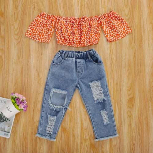 US Newborn Baby Girl Outfit Suit Flower Print Off Shouler Tops +Ripped Hole Denim Pants 2pcs Set 9m-5years