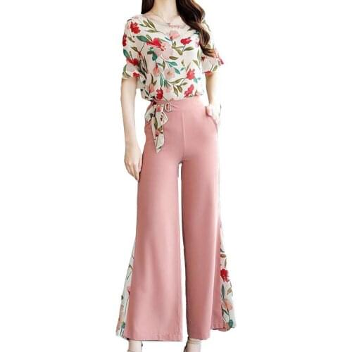 Summer Women Elegant Outfit Casual O-neck Flower Print Ruffle Sleeve Top Straight Wide Leg Pants Office Outfit Two Piece Set