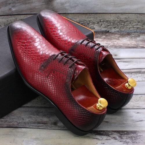 Big Size 6-13 Men Leather Shoes Snake Print Business Dress Derby Classic Red Lace Up Pointed Toe Shoes Mens Oxford Shoes