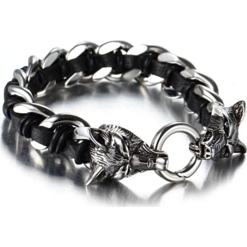 Fashion Jewelry Two Wolf Heads Stainless Steel Leather Mens Bracelet Men Black Genuine Leather Weaved Animal Wolf Gift