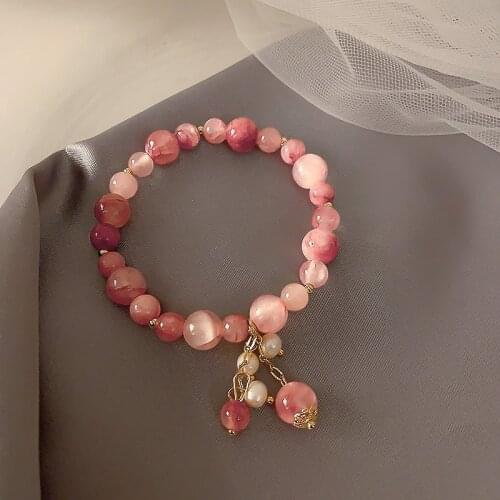 Natural Pink Crystal Beaded Bracelet Peach Blossom Luck Charm Bracelet Girl Strawberry Spar Stone Chain Bracelet Lovers Gifts