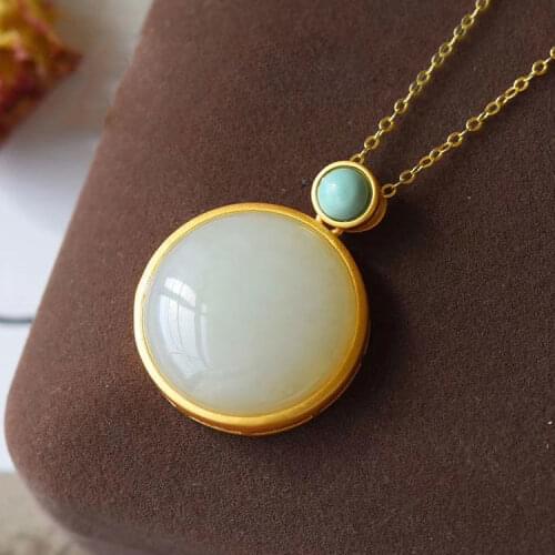 New Silver Inlaid Natural Hetian Jade Turquoise Pendant Necklace Round Brand Light Luxury Cold Wind Womens Jewelry