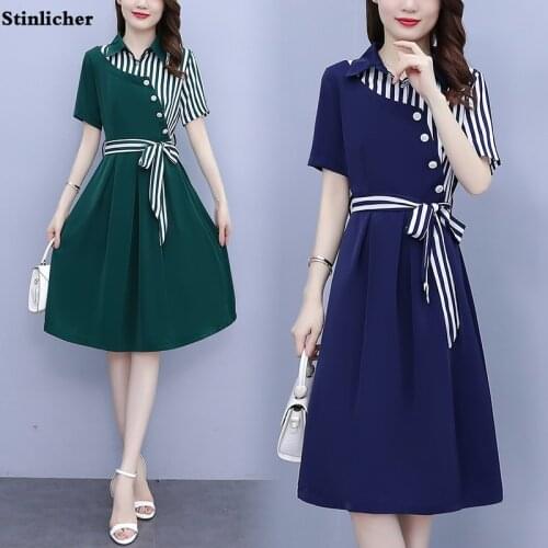 Summer striped shirt dress women fashion patchwork bandage tunic dress elegant office ladies work long dress midi robe