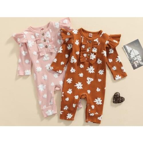 Baby Girl’s Casual Long Sleeve Jumpsuit Fashion Printing Button Round Neck Long Playsuit Romper Girls Clothes Sets