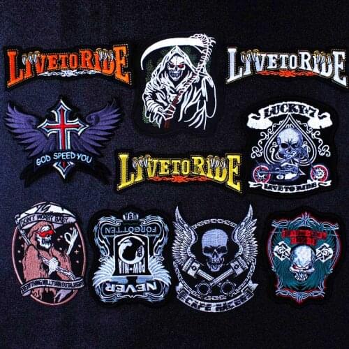 Pulaqi Biker Embroidery Patches For Clothing Punk Style Death Skull Appliques Iron On Patches On Clothes Stripe Ironing Stickers