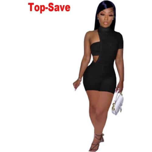 Ribbed Turtleneck Sportwear Casual Jumpsuit Women One Shoulder Skinny Sexy Playsuit Female Short Sleeve Fitness Rompers Overalls