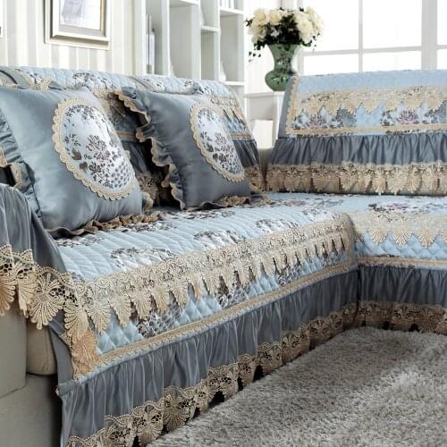 European Luxury Cotton Linen Sofa Cover Light Blue Embroidered Jacquard Sofa Towel Cushion Slipcover Exquisite Lace Sofa Set A1