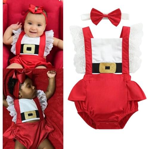 FOCUSNORM Christmas Baby Girls Cute Romper with Bow Knot Lace Ruffles Sleeve Color Patchwork Hem Backless Jumpsuits 0-24M