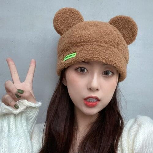 INS Japanese Cute Little Bear Ear Knitting Wool Cap Woman Autumn Winter Thicken Keep Warm Protect Ear Bucket Hat Casqute