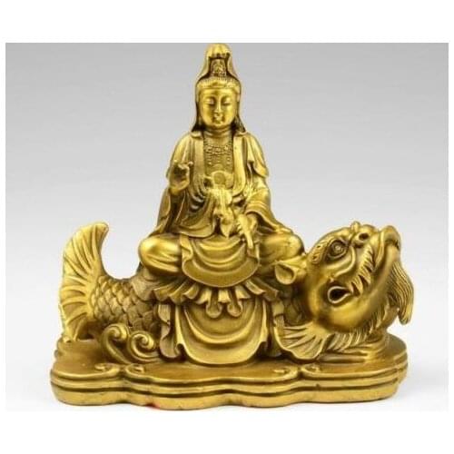 Tibet Buddhism Temple Brass Copper GuanYin Kwan-yin Bodhisattva Ride Fish Statue