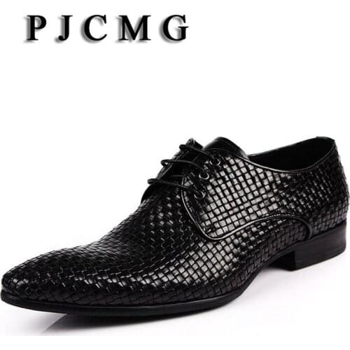 PJCMG New Fashion Comfortable Black/Red Genuine Knitted Leather Lace-Up Pointed Toe Flat Man Casual Classic Formal Dress Shoes