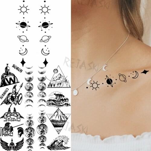 Small Planet Moon Sun Stars Temporary Tattoos For Women Girl Spartan Geometry Mountain Sea Fake Tattoo Body Art Decoration Tatoo