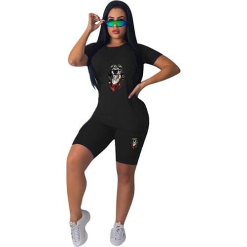 Women Short Sleeve Cat Printed T-shirt Top Elastic Waist Shorts Two Pieces Casual Style Outfit Female O-Neck Pullover tops