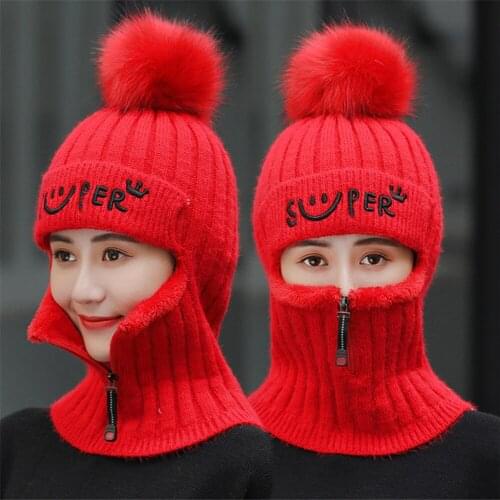 New Collar Jumoper Caps Women Winter Zipper Woolen Hats With Bib Lady Warm Velvet Beanie Skullies Hat Female Outdoor Riding Cap